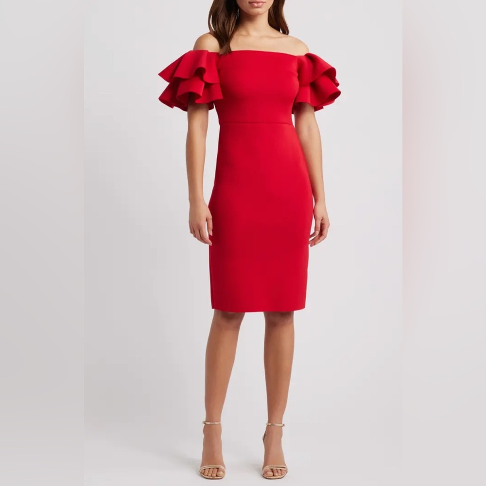 Eliza J Ruffled Elegant Cherry Red Off-Shoulder Dress